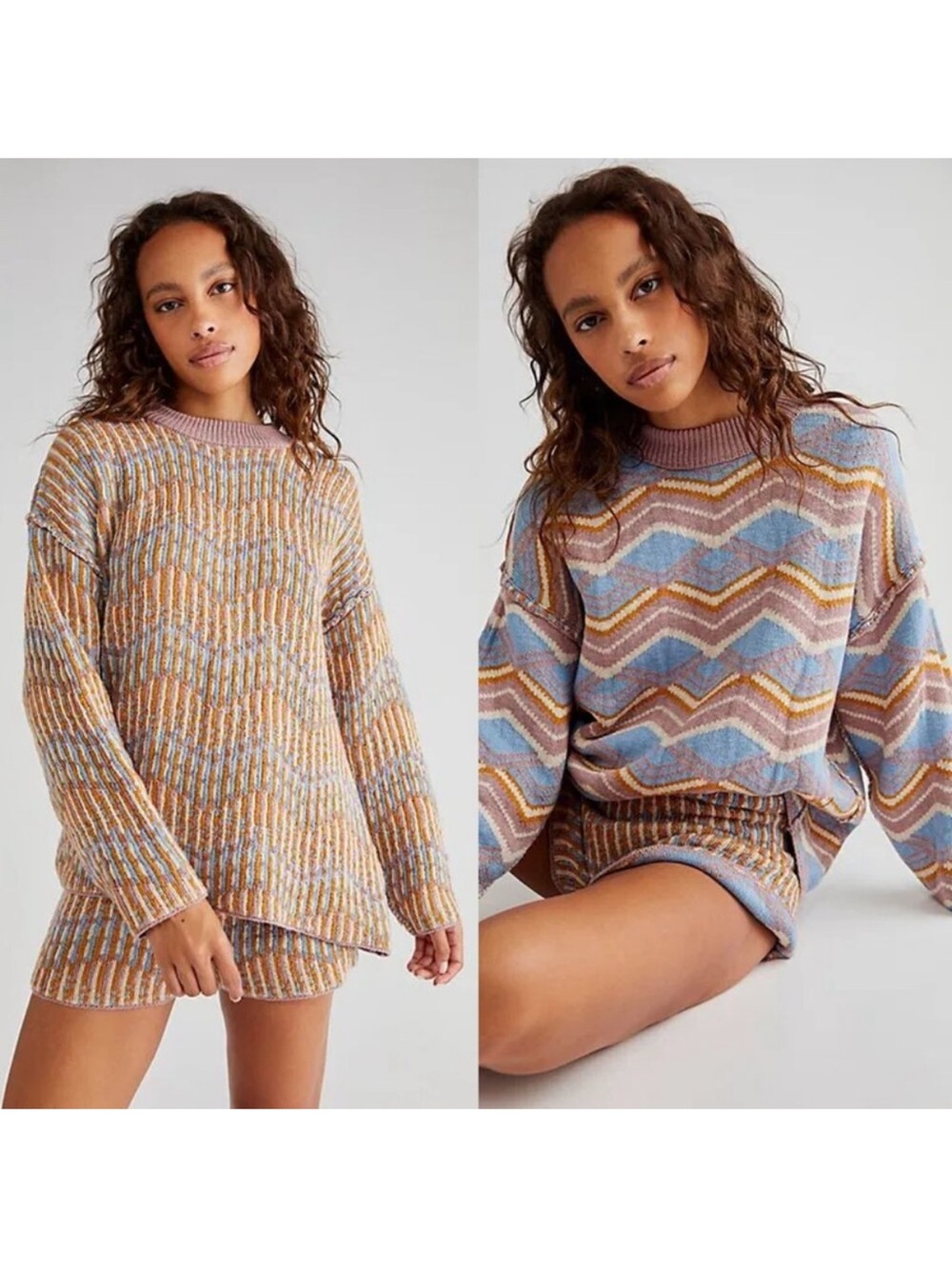 Free People Beach Malibu Pattern Textured Oversized Crew Neck Sweater Boho
